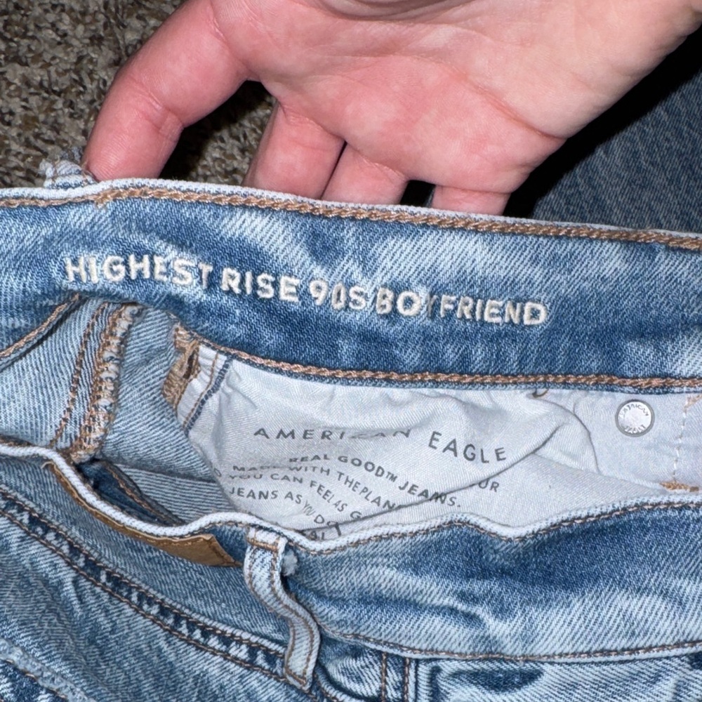 AE Women's Light Blue Distressed Highest Rise 90s Boyfriend Jeans - Picture 2 of 5